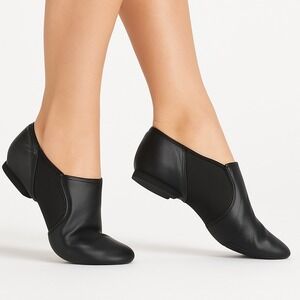 Black Leather Jazz Dance Shoes Slip On‎ Split Sole Elastic Side Comfortable